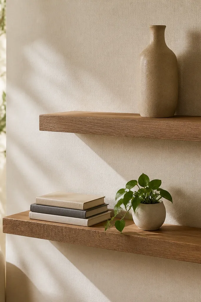 Two floating shelves stacked with one slightly higher than the other