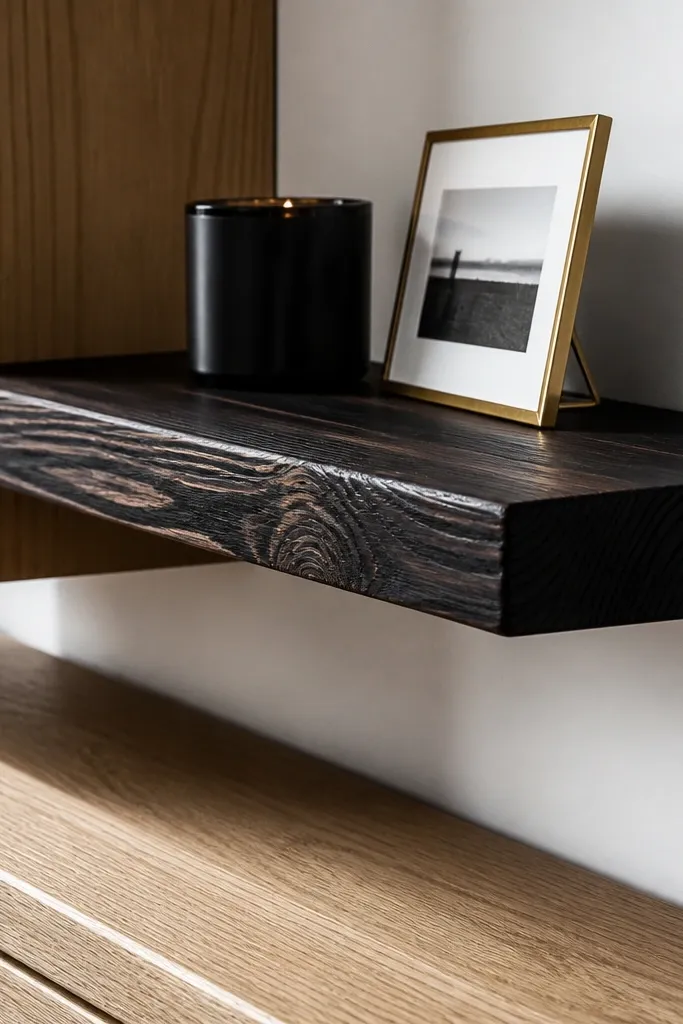 Dark stained pine shelf with visible grain and minimal decor