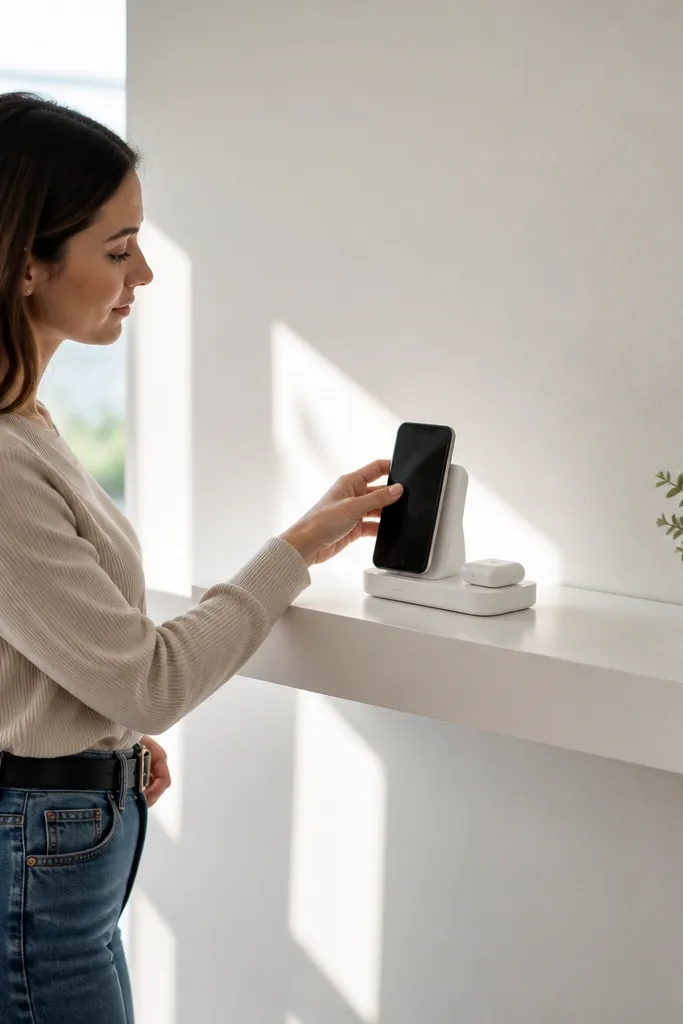 White shelf with a clean cable channel hidden behind decor
