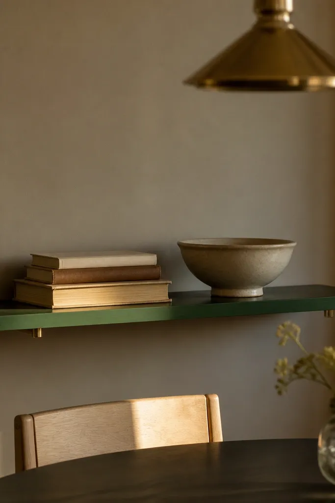 Dark green shelf with subtle brass rods behind the top