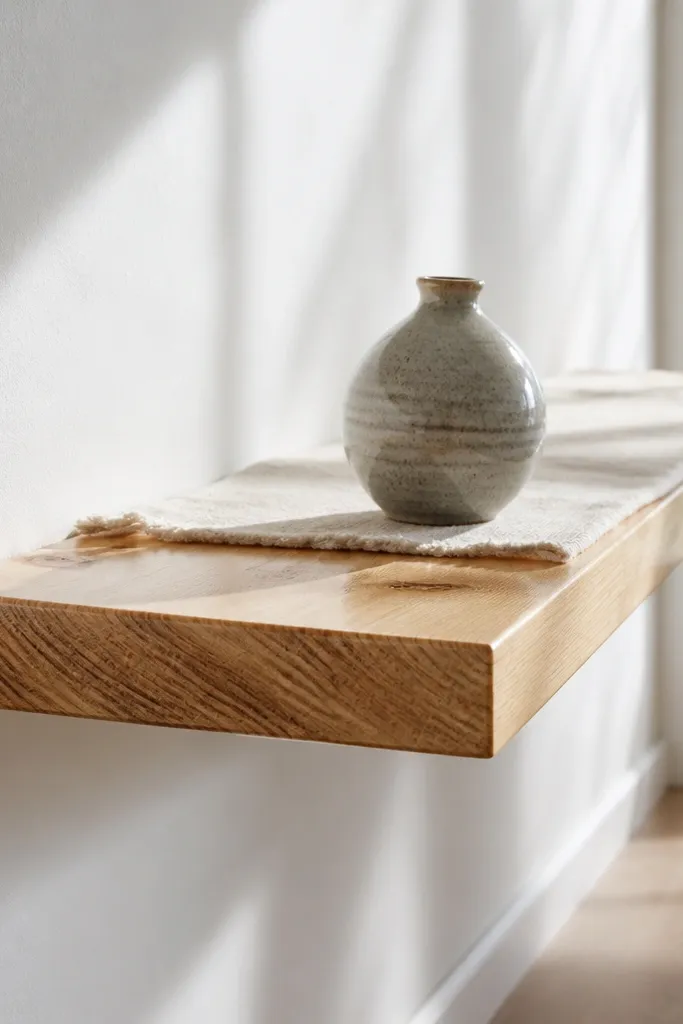 Clear-finished pine shelf with neutral decor and soft textiles