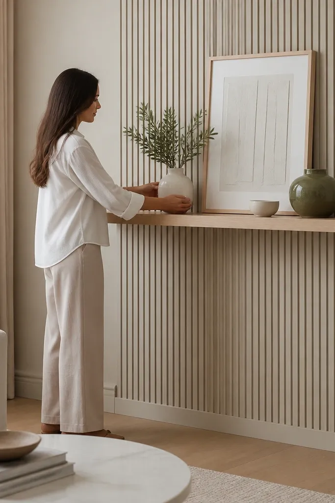 Beige floating shelf with a vertical slat panel behind it