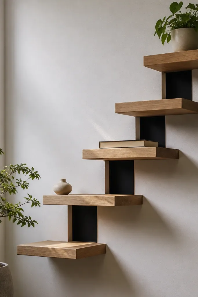 Stair-step floating shelves arranged like steps with visible shadow gaps
