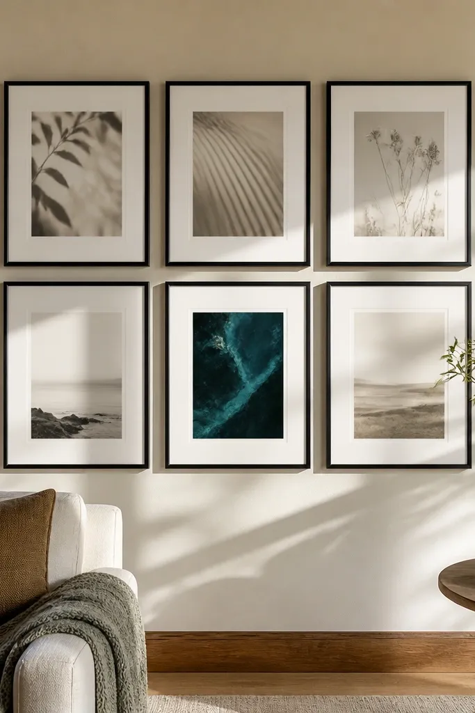 Six 11x14 frames in white with black matting and one teal print in the center