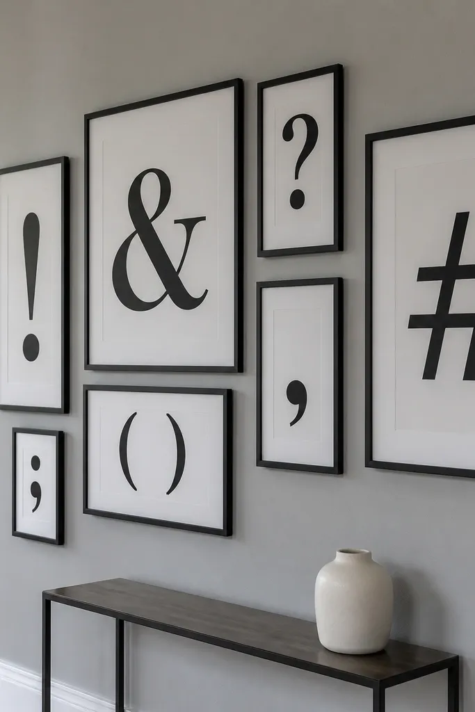 Black frames with white mats containing stacked typography prints in gray and cream