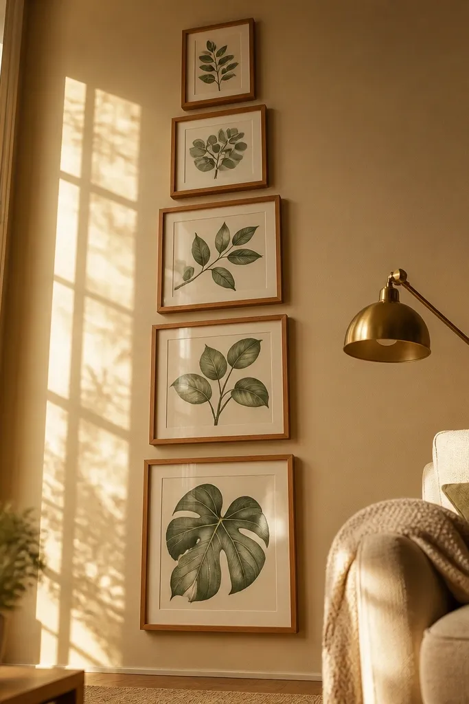 Light wood frames showing botanical leaves arranged in a vertical ladder