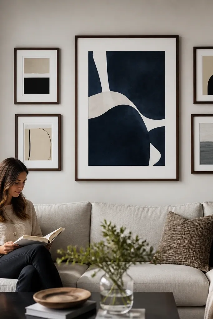 One large framed print above four smaller frames arranged like satellites
