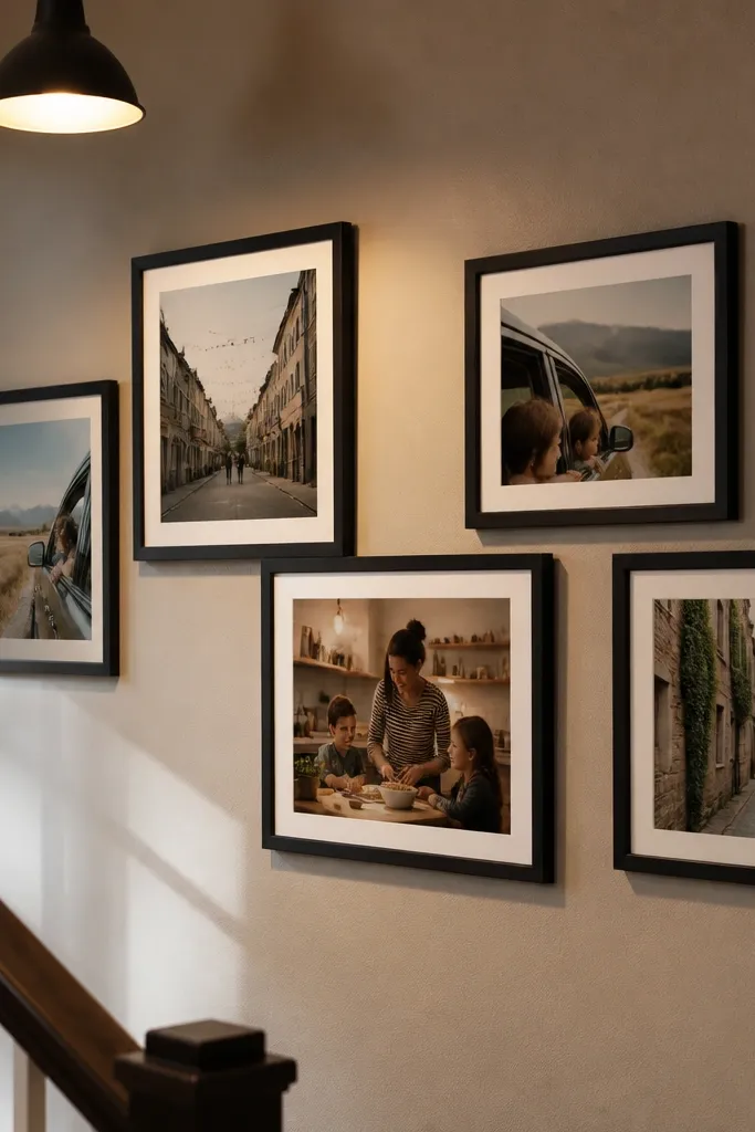 Five frames with slightly staggered heights and similar warm tones