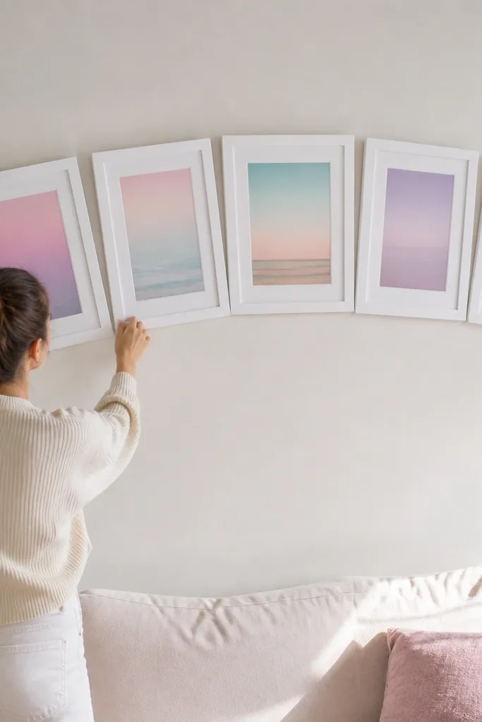 Five white frames arranged in a gentle arch with pastel artwork inside