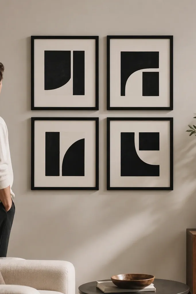 Four identical frames with coordinated artwork arranged in a mirrored pattern