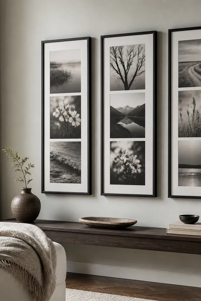 Three tall black frames stacked vertically with monochrome art in matching tones