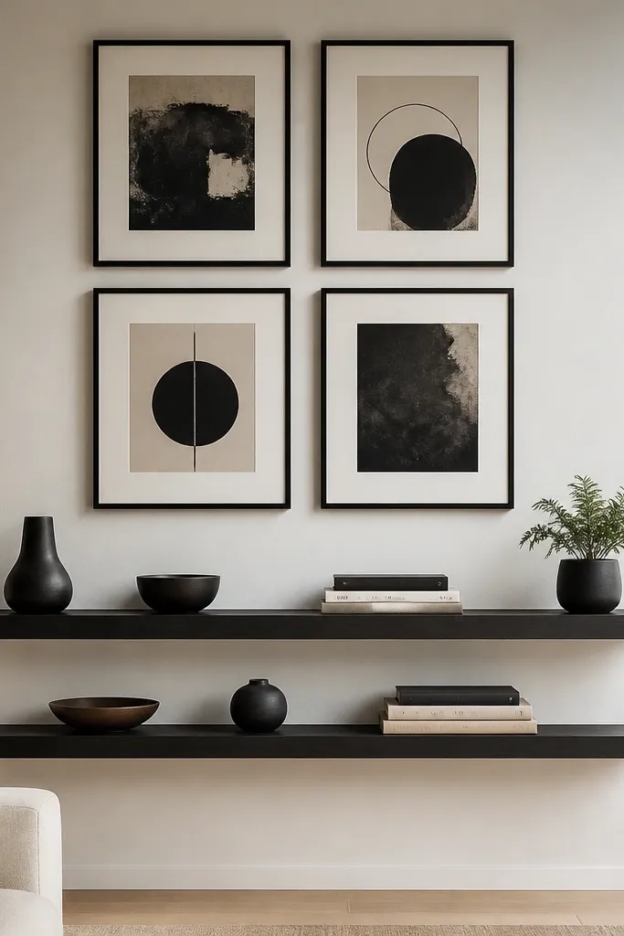Two frames above with a floating shelf below holding small decor and books