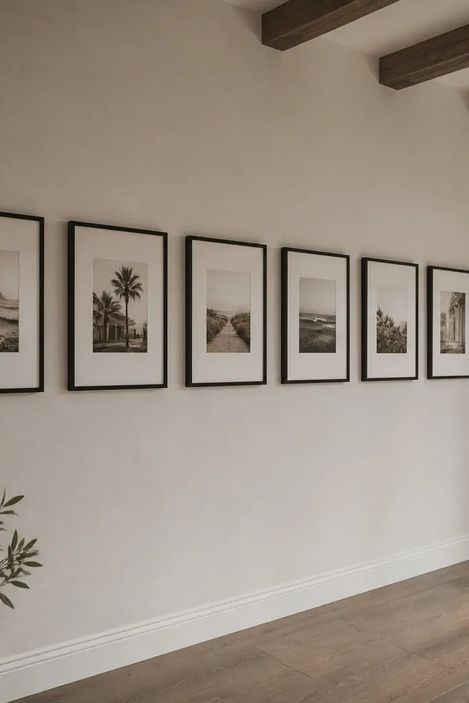 Polaroid-style prints in frames with equal spacing like a grid of dots