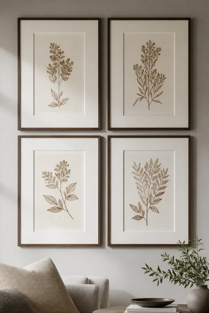 Four large frames with white mats arranged in a rectangular border effect