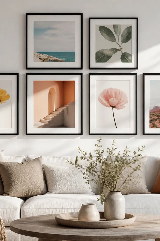 Seven frames with neutral art, one frame per color stepping through soft rainbow tones