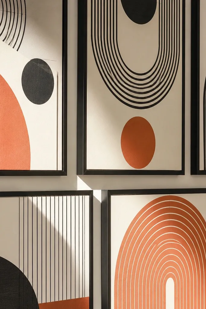 Five frames tightly grouped with geometric abstract prints and matching black frames