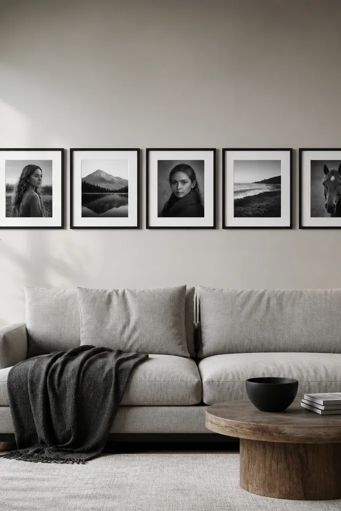 Five monochrome frames in a horizontal strip with equal spacing