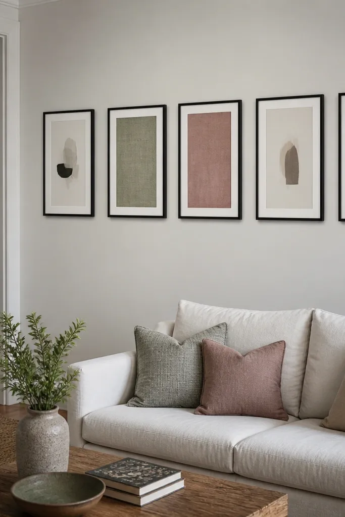 Two frames with fabric panels and three textile prints arranged in a gallery layout