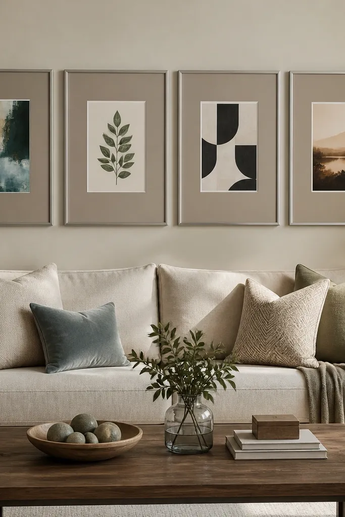 Assorted art prints in frames all sharing the same mat color and spacing