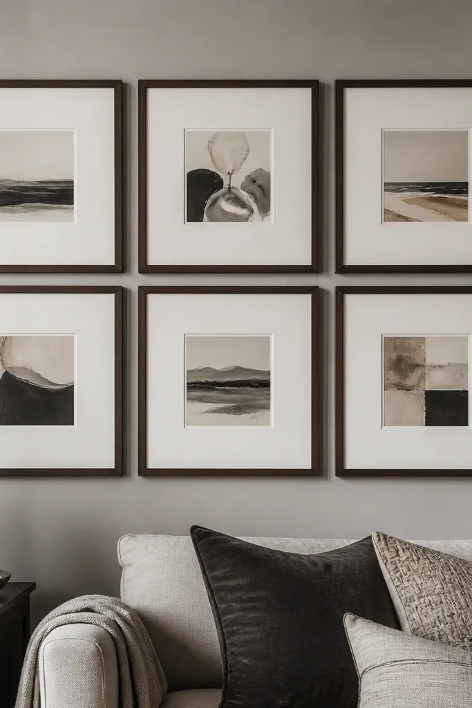 Frames with extra-wide mats creating a thick inner border around prints