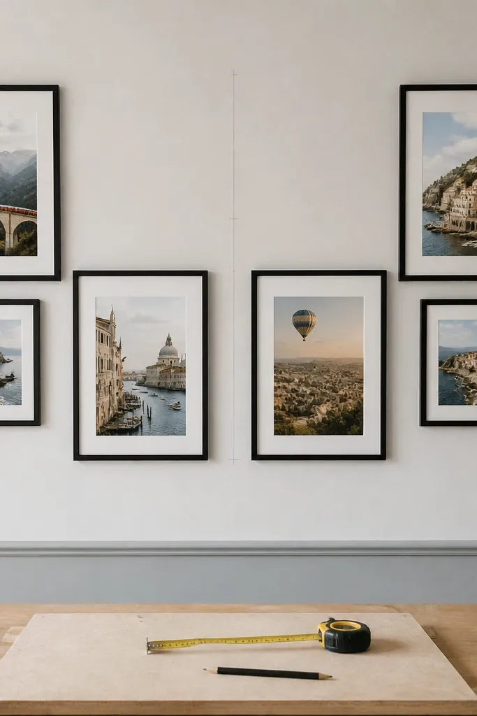 Frames aligned to a center vertical line with evenly distributed spacing