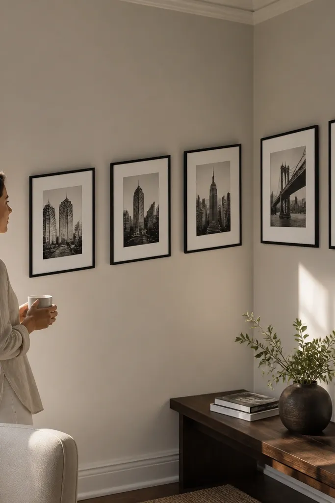 Three frames on one wall and two on the adjacent wall arranged in a diagonal flow