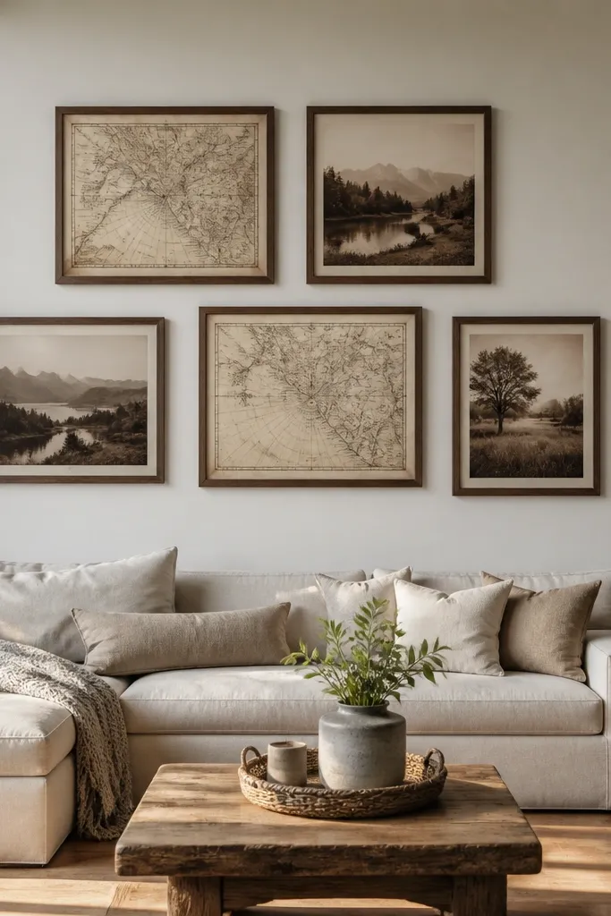 Two framed vintage maps and three framed sepia photos in brown frames