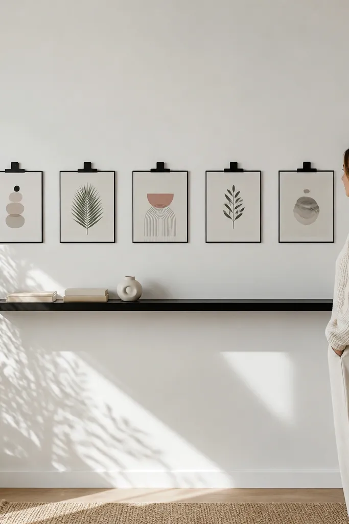 Five clip frames mounted like a neat shelf line with minimalist art