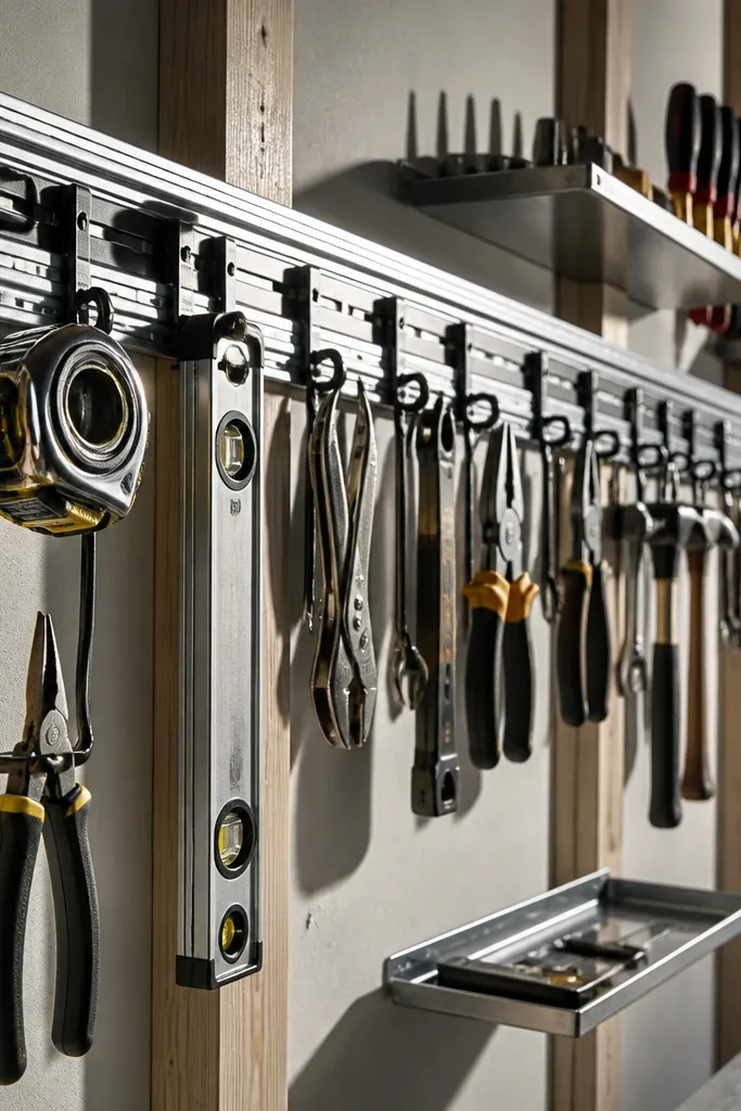Black wall rails with hanging tools in tidy rows