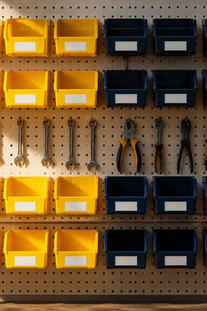 Light pegboard with neatly arranged small bins and hooks