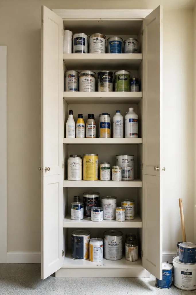 White cabinet with labeled shelves for bottles and cans