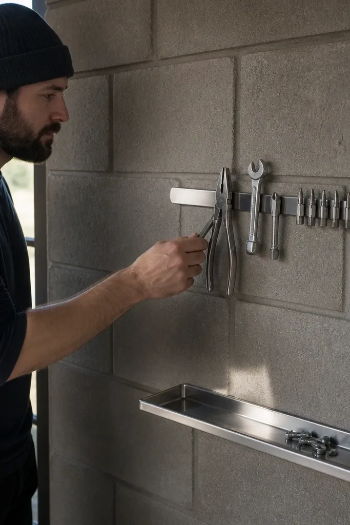 Magnetic strip holding metal tools and small bits neatly