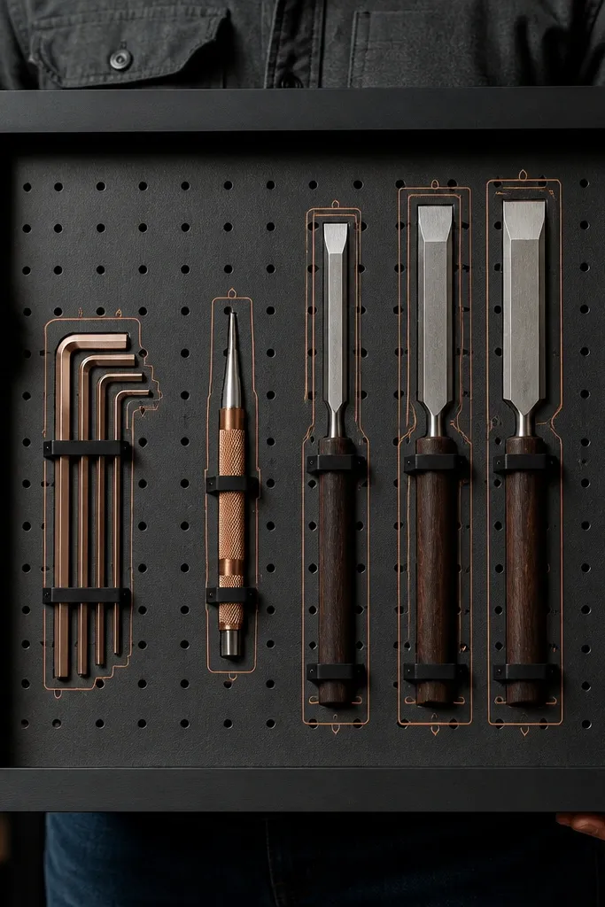 Pegboard section with framed tool outlines and labeled placements