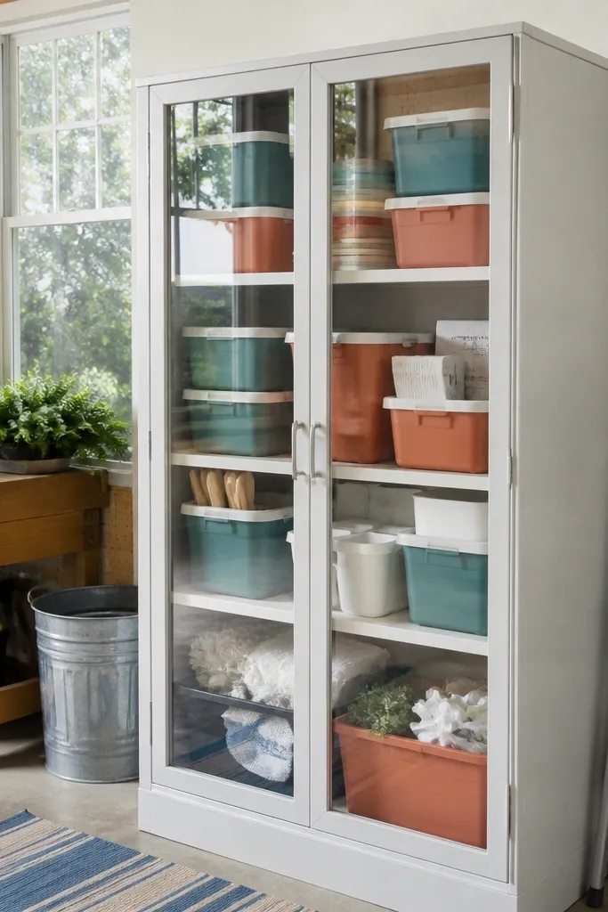 Cabinet with clear doors and labeled bins for seasonal items