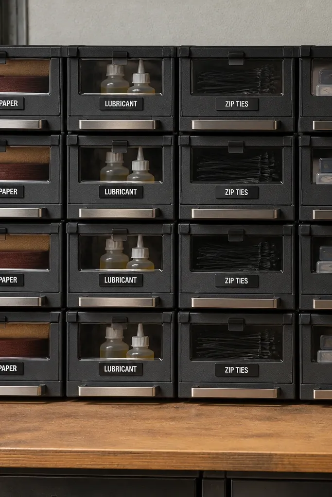 Wall-mounted drawers with labeled compartments for maintenance supplies