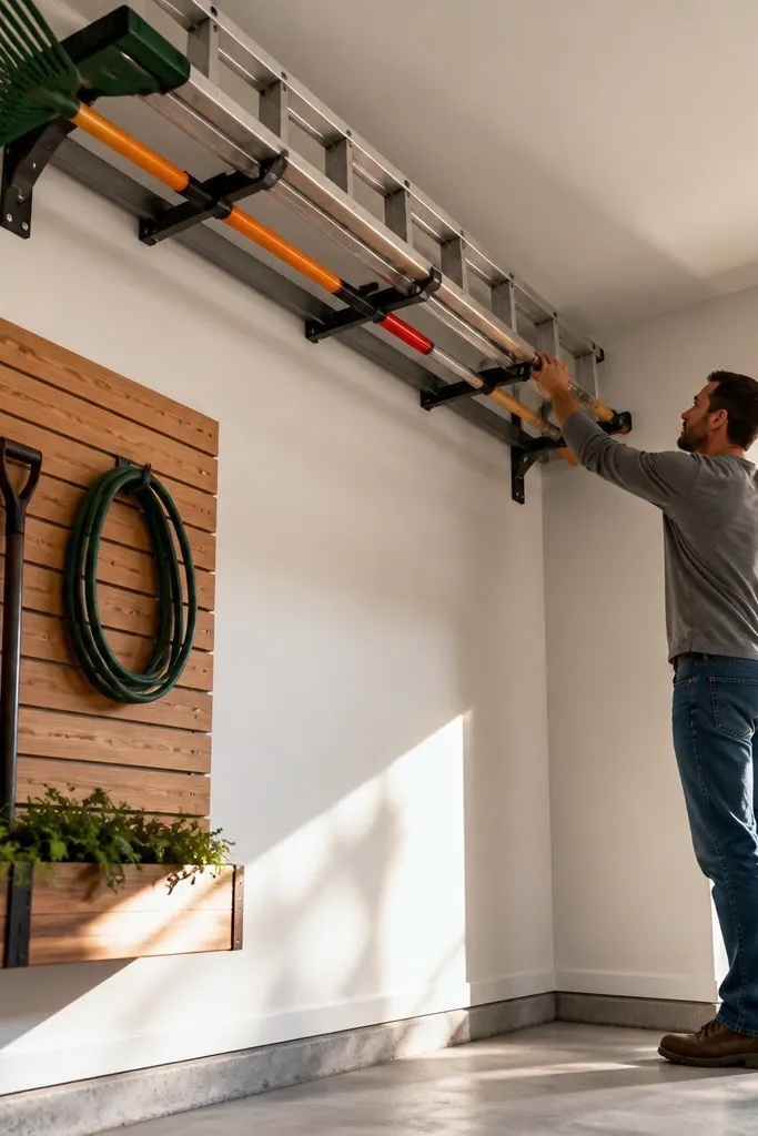 Long ladder and poles stored on corner rack with rubber grips