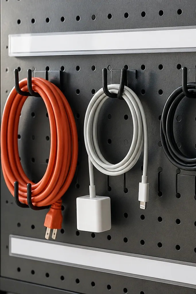Pegboard with cable hooks and labeled charger holders
