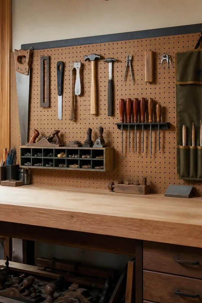 Workbench wall with pegboard and a rolled tool organizer hanging