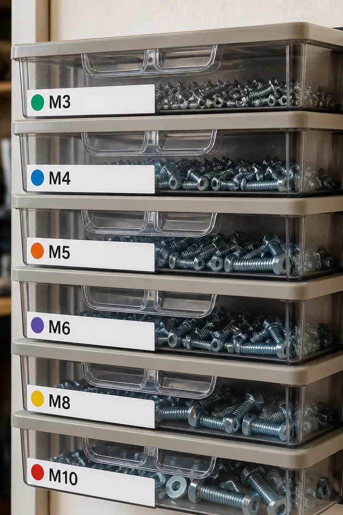 Transparent stacked bins labeled with fastener sizes on a shelf