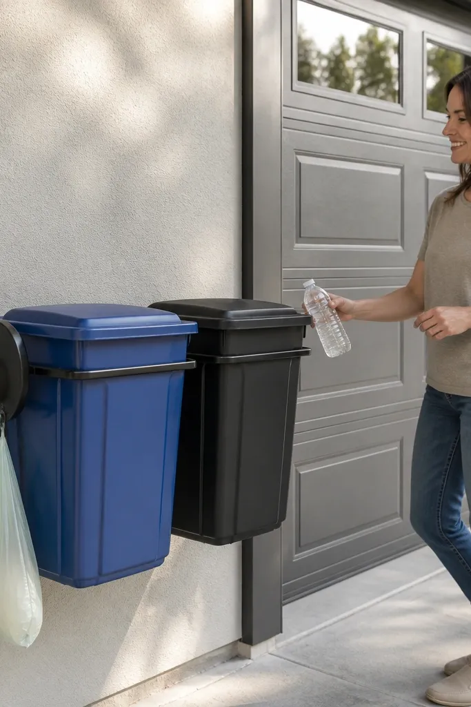 Two-bin wall station with lids and labeled compartments