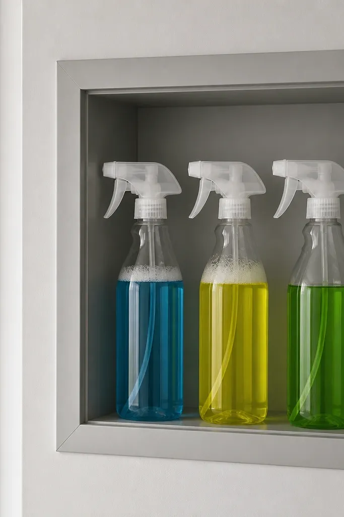 Small wall shelf with spray bottles aligned and label-forward