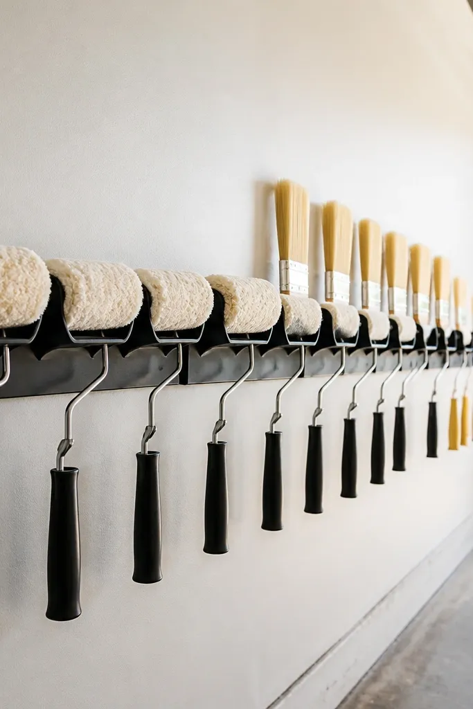 Wall-mounted roller and brush holders with labeled compartments