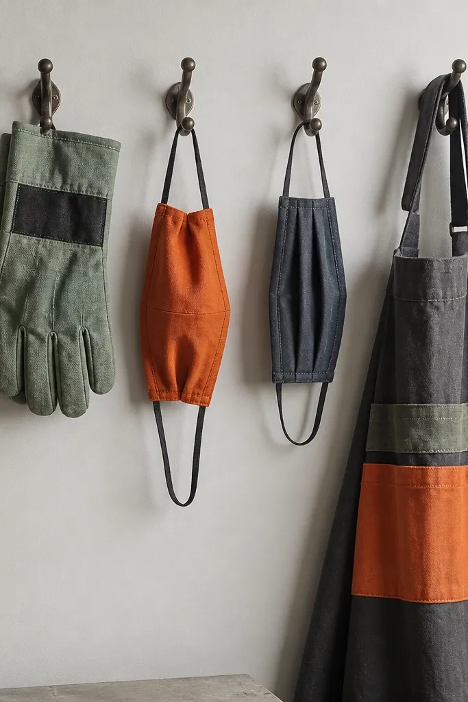 Hook wall with gloves, masks, and aprons in labeled color bands