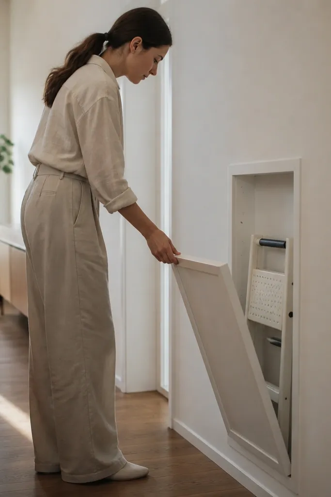 Wall niche with a folding step stool stored neatly behind a door