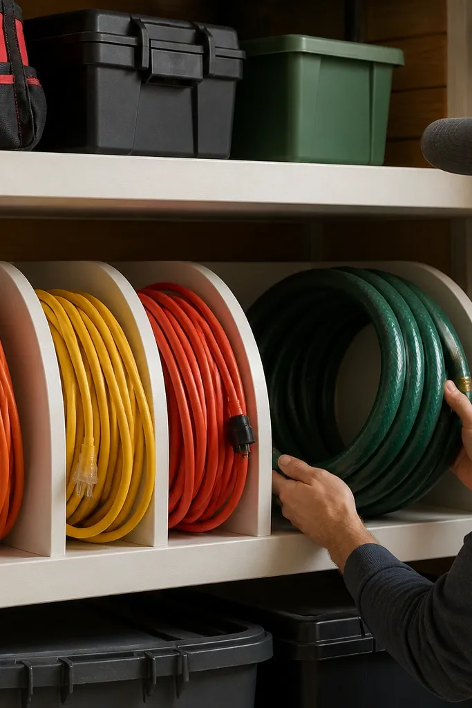 Shelf with curved inserts holding coiled cords and hoses in rows