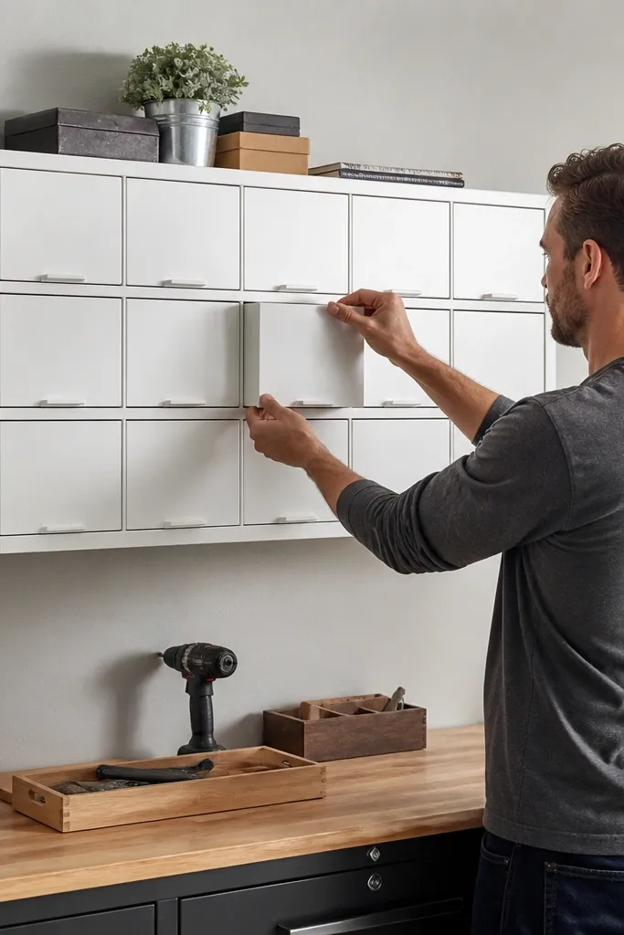 Opaque-lidded bins on closed shelves with neat labels