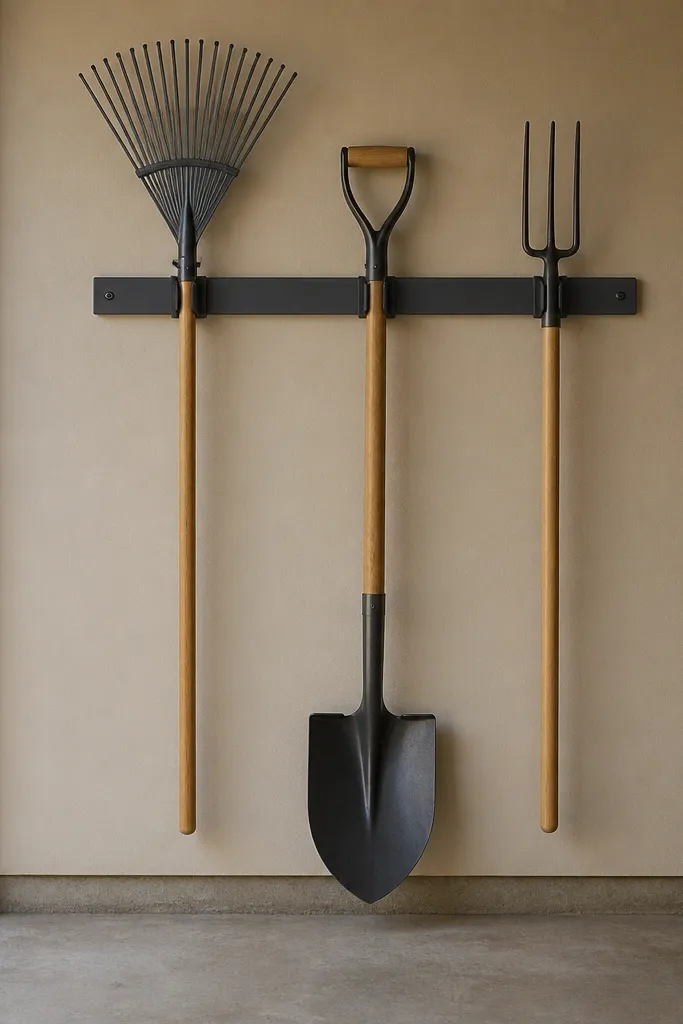 Vertical rack holding rakes, shovels, and tools with even spacing