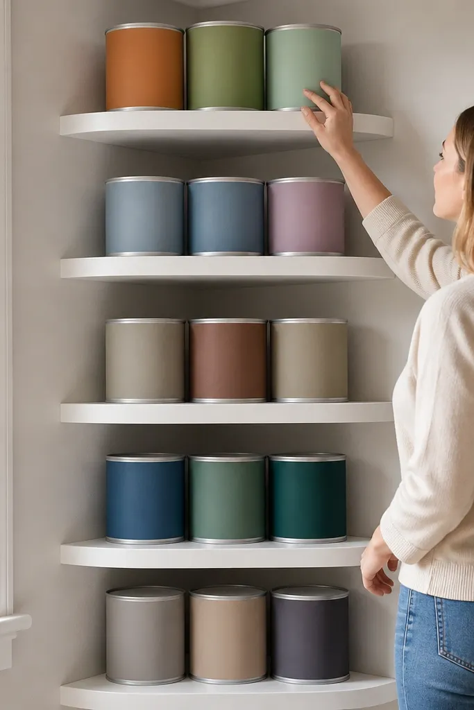Corner shelf stack with paint cans facing forward and labels visible