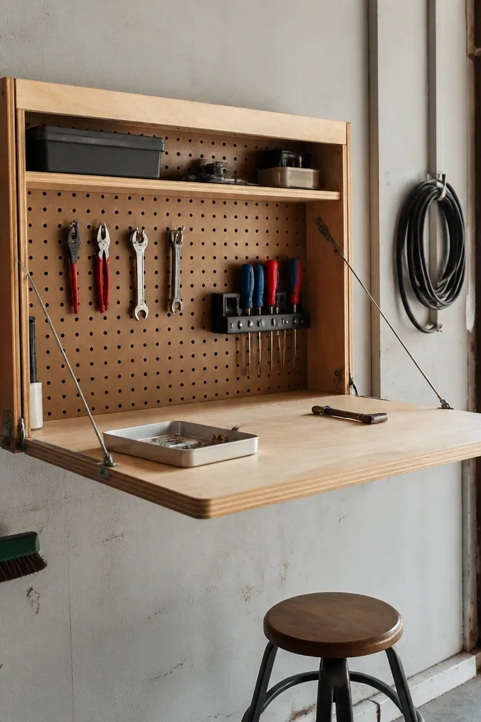 Fold-down wall shelf with tools arranged on top and bins below