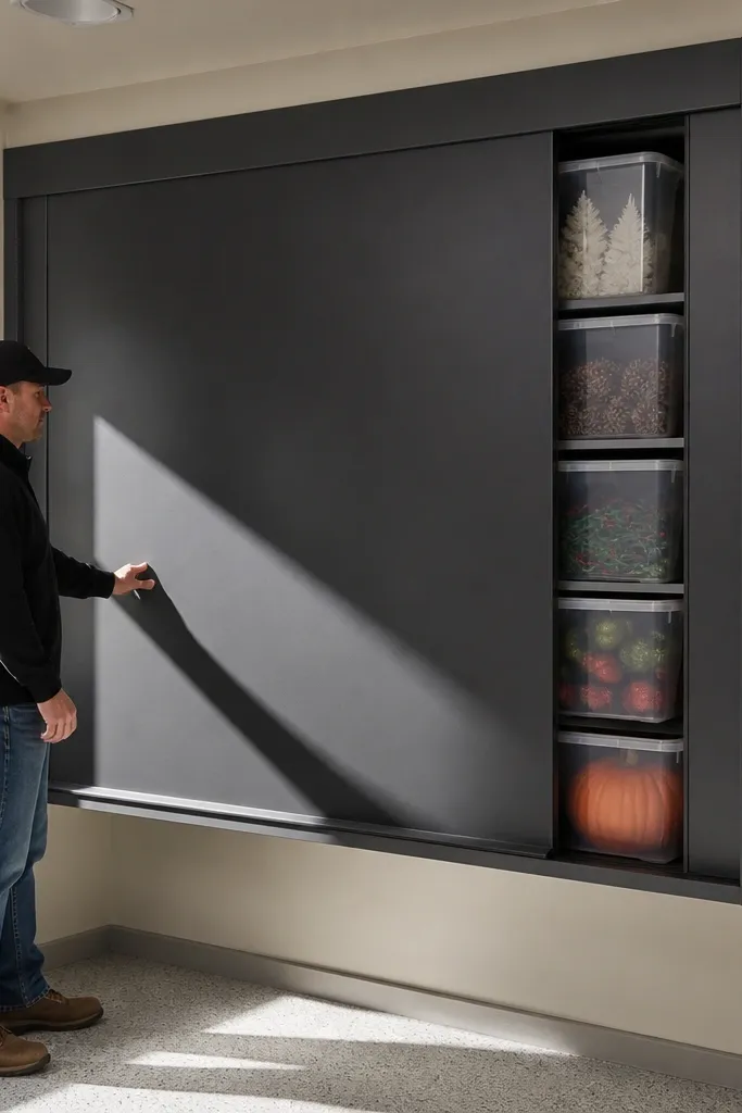 Sliding panel hiding bulk bins behind a clean shelf front